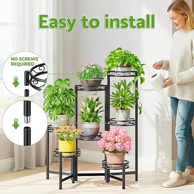 Metal Plant Stand, 7 Tier Tall Wrought Iron Plant Shelf Holder for Indoor, Outdoor Folding Tall Display Rack Flower Pot Stand for Corner Office Balcony Patio - BlackCircle