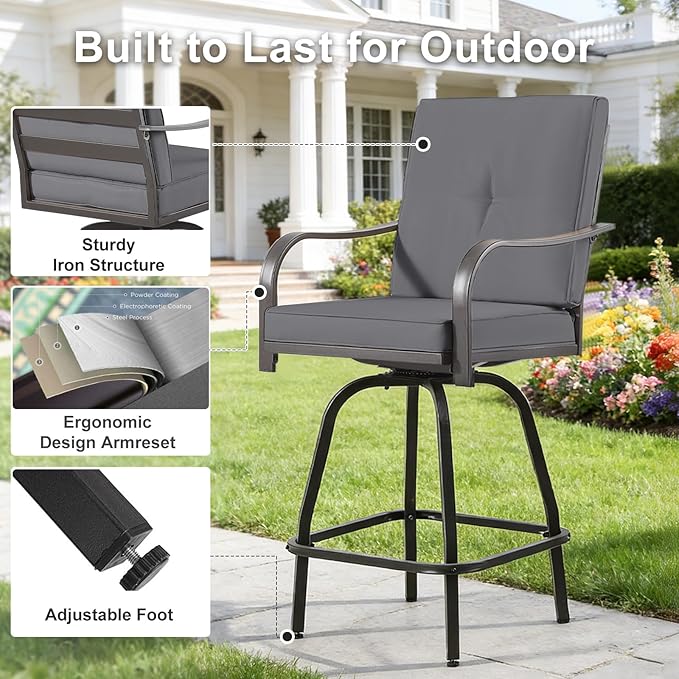 Patio Swivel Bar Stools Set of 4, Outdoor Bar Height Swivel Chairs with Cushions for Garden Balcony Backyard, Grey