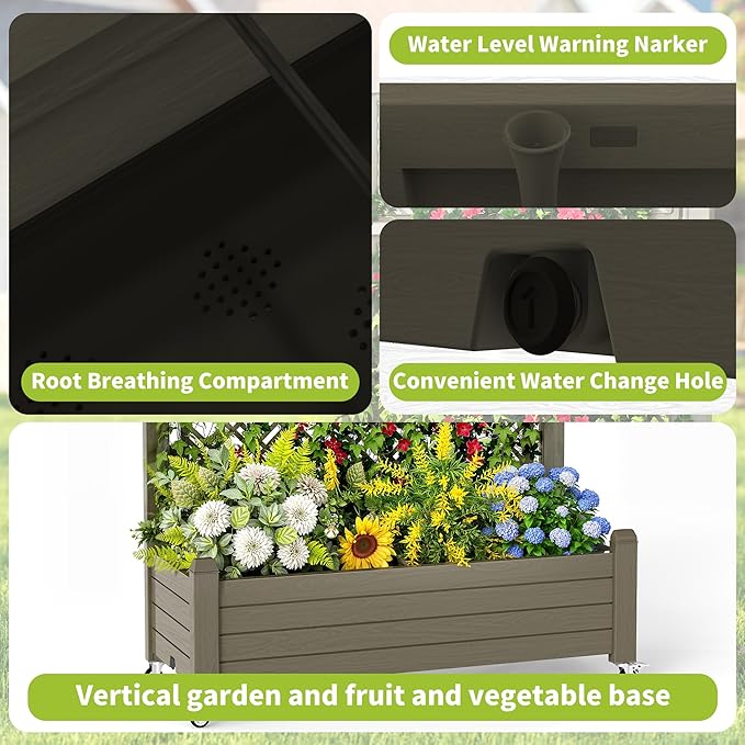Raised Garden Bed with Trellis, 21 Gallon Self Watering Planter Box with Lockable Wheels & Drainage Holes for Climbing Plants Vegetables Flowers, Anti-Rust Resin for Backyard Patio (Grey)