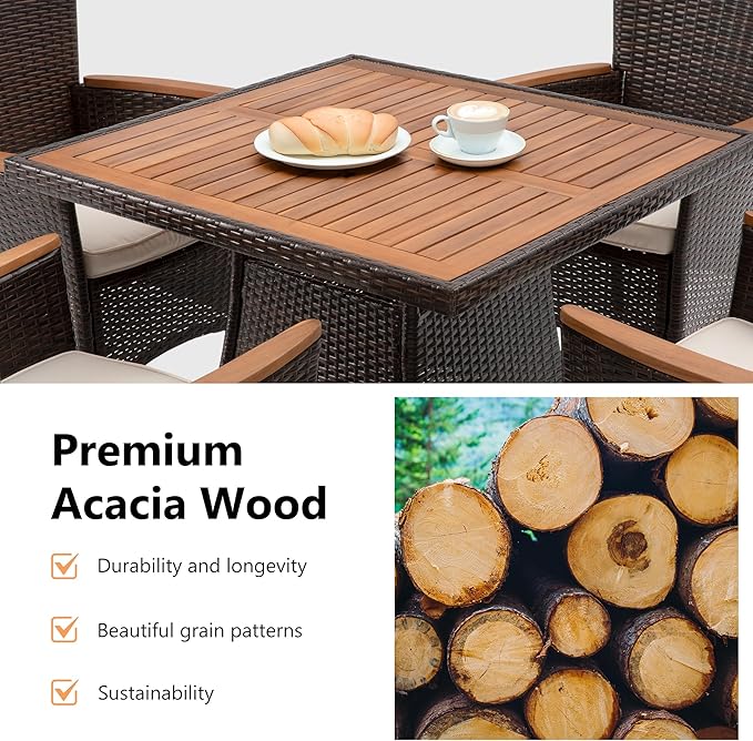 RoyalCraft 5 Piece Patio Wicker Dining Sets for 4, Water-Resistant Rattan Outdoor Dining Table and 4 Chairs with Wood Table Top, Conversation Set for Deck, Garden, Backyard, Removable Cushions, Brown