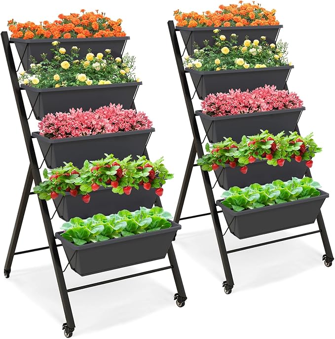 Giantex Set of 2 Vertical Raised Garden Bed on Wheels, Elevated Planter Raised Beds with Water Drainage, Freestanding 5 Container Boxes for Vegetables and Flowers Growing, Outdoor Indoor Patio Balcony