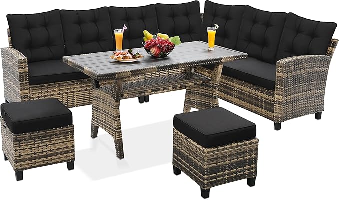 6-Piece Patio Furniture Set, Outdoor Sectional Sofa with Dining Table & Chairs, All-Weather Dining Set with Removable Cushion Covers, Ideal for Garden, Porch, Backyard, Black
