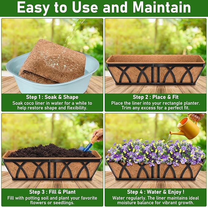 Riare 2 Pack 36 Inch Rectangle Coconut Liners for Planters, Natural Coconut Fiber Planter Liners, Window Box Liner Trough Coco Liner for Outdoor Flower, Garden Wall, Deck & Fence Planter Boxes