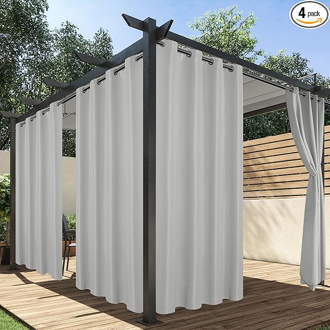 HolidayIdeas Outdoor Curtains for Patio Waterproof, 4 Panels - 54 x 120 Inch - Privacy Protection & Light Filtering Curtains Silver Grommet Outside Curtains for Porch, Gazebo, Pergola, Backyard