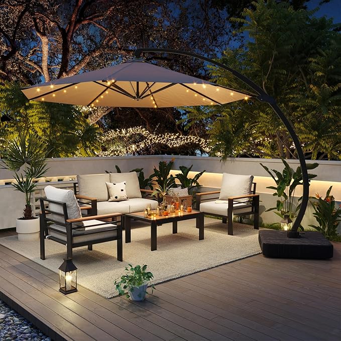 Aoxun Aluminum Patio Furniture Set with Umbrella 4 Seats, Oversized Outdoor Sectional with Washable Thick Cushions, Coffee Table and Waterproof Cover, Patio Conversation Sets for Porch, Balcony, Deck