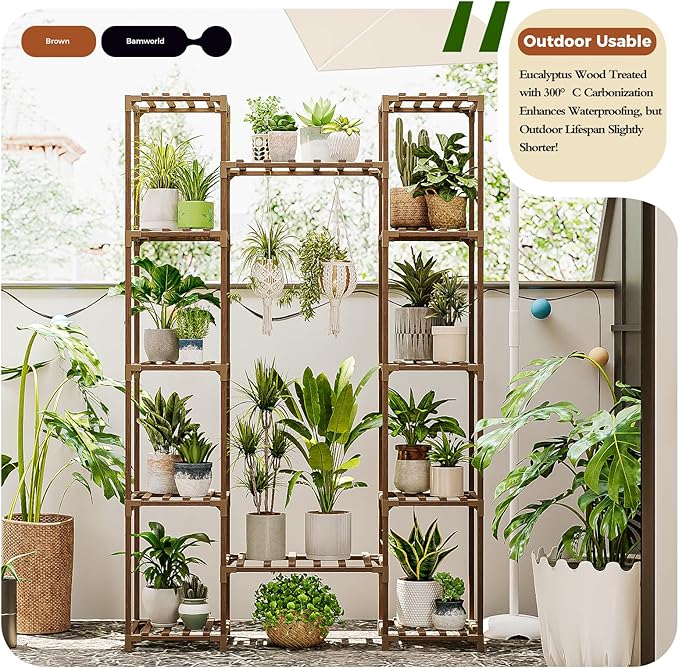 Bamworld Large Plant Stand Indoor Tall Plant Shelf Outdoor Corner Plant Holder for Multiple Plants Flower Stands for Living Room Balcony and Garden