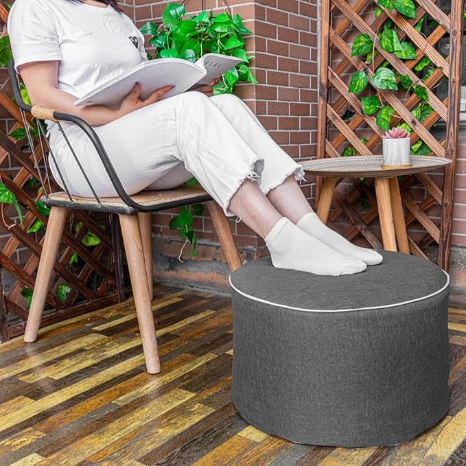 Outdoor Ottoman Outdoor Ottomans for Patio 19x12 Inches Modern Lightweight Foam Stuffed Pouf Outdoor Footstool Footrest Foot Stool Waterproof (Dark Gray)