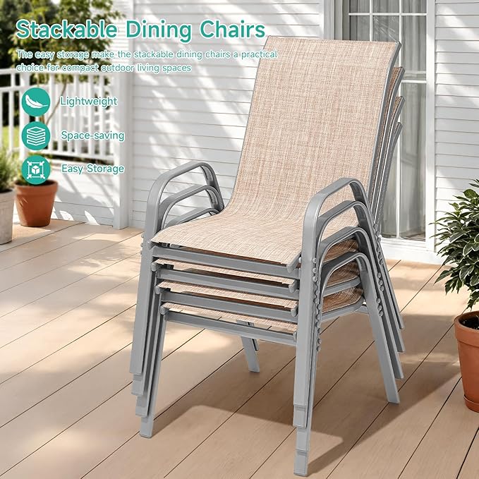 Patio Chairs Set of 6, Easily Set Up Stackable Outdoor Dining Chairs with High Back and Wide Seat, All Weather Breathable Outdoor Chairs Set of 6 with Metal Frame for Backyard Deck Pool, Beige