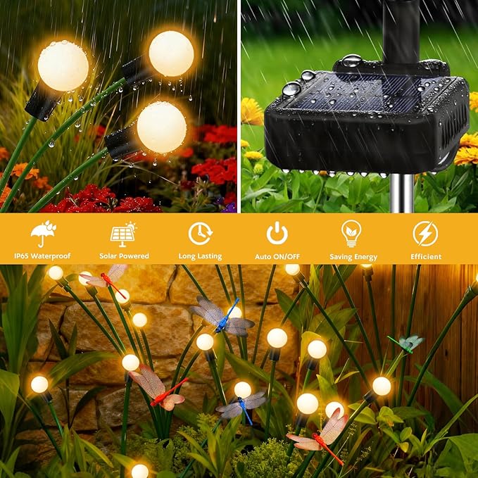 Solar Garden Lights Outdoor - 2 Pack Dragonfly Solar Swaying Light, Sway by Wind, Firefly Lights Outdoor Yard Patio Pathway Decoration, Big Bulb, High Flexibility Iron Wire & Realistic Dragonflies