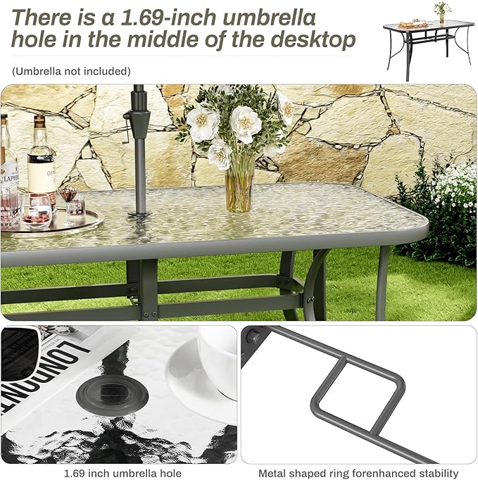 TLSUNNY Patio Outdoor Table W/ 1.69″ Umbrella Hole, 30"X 55" Rectangular Tempered Glass Patio Dining Table for 6, Outdoor Metal Furniture, All-Weather Use, for Patio, Graden, Backyard (Grey)