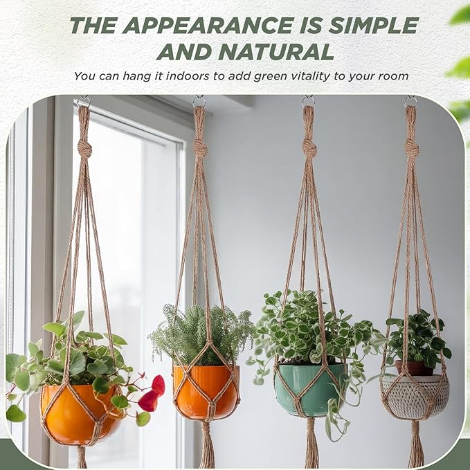 EBOOT 2 Pack 41 Inch Large Macrame Plant Hanger Rope to Hang Flower Pot Plant Holder for Indoor Outdoor Decorations, 4 Legs (Linen Color)