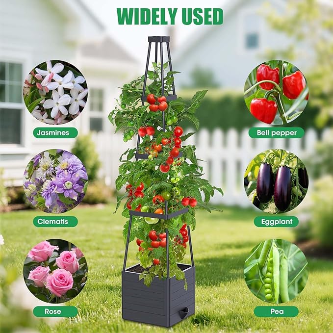 4 Pack Raised Garden Bed Planter Box with Trellis, 57" Self-Watering Tomato Cage Planters for Climbing Plants Vegetable Vine Flowers Outdoor & Indoor (57x9.8x9.8IN)