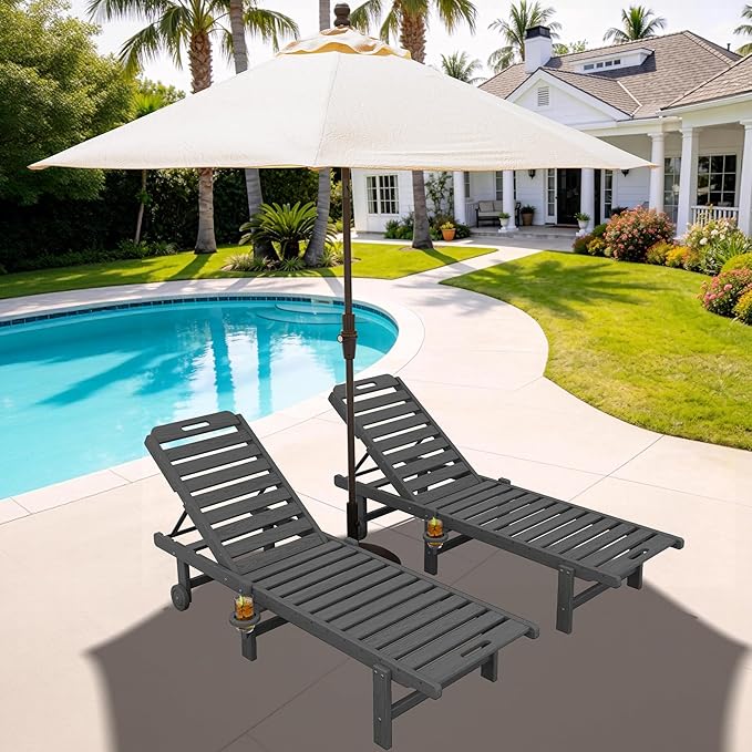 SERWALL Outdoor Chaise Lounge Set of 2 with 9FT Patio Umbrella, HDPE Pool Lounge Chair with 5-Position Adjustable Backrest, Patio Lounger with Rolling Wheels & Cup Holder for Pool, Grey