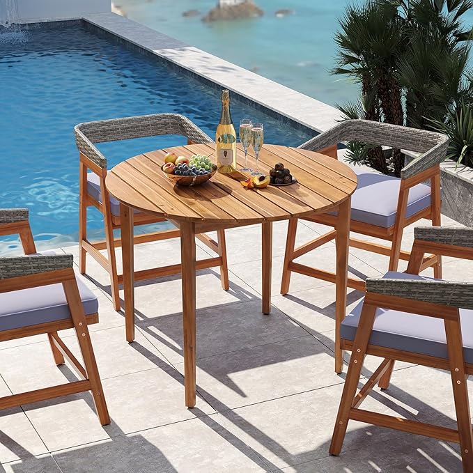 Tangkula 36" Round Outdoor Dining Table for 4, Acacia Wood 4-Person Patio Table with Slatted Tabletop & Adjustable Foot Pads, Indoor Outdoor Dining Furniture for Deck, Garden, Poolside & Backyard