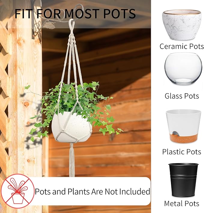 Macrame Plant Hanger - Fits 4 to 13 inches Pots for Indoor Outdoor, 34"/41"/46" 3 Sizes Set, Ivory (POTS NOT Included)
