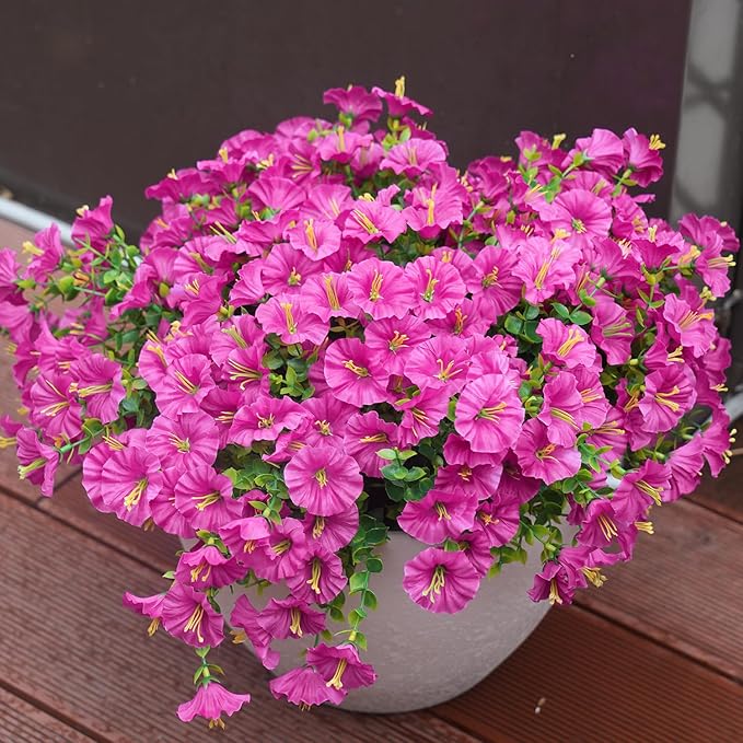 Artificial Flowers for Outdoors, UV Resistant Fake Silk Morning Glory, Realistic Faux Plants for Outside Porch Patio Window Box Hanging Planter (16, Fuchsia)