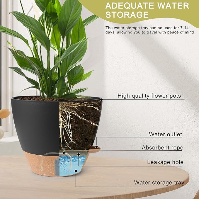 Plant Pots,12/10/9/8/ Inch Large Plastic Self Watering Flower Pots Indoor Outdoor with Drainage Holes, Deep Reservoir,Nursery Planting Pot for Indoor Out Door Plants Black