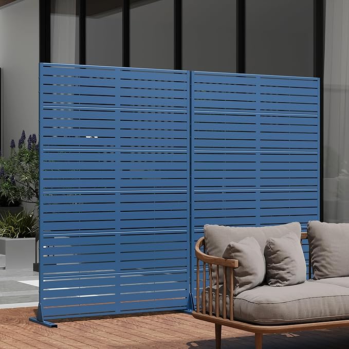 Casaphoria Metal Privacy Screen Outdoor, 72" H x 47" W Freestanding Decorative Privacy Screen for Patio Deck Balcony Garden with Stable Base, Louvered Blue