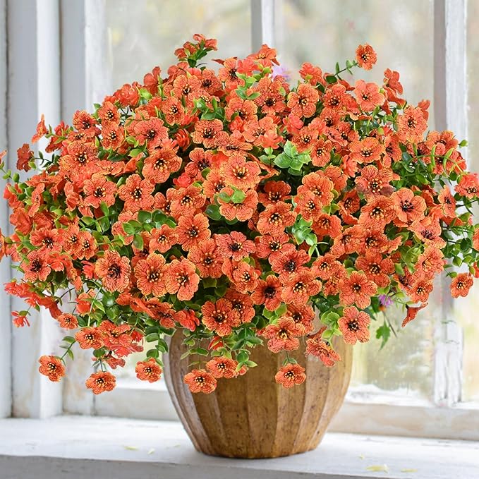 Artificial Flowers for Outdoor, UV Resistant Fake Silk Flowers, Realistic Faux Plants for Outside Indoor Porch Patio Window Box Planter Home Decor (14, Orange)