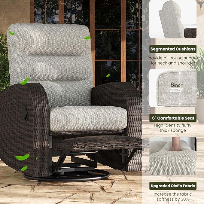 LayinSun Oversized Wicker Outdoor Swivel Glider Recliner with Adjustable Backrest & Footrest, Patio Reclining Lounge Chair - Set of 2
