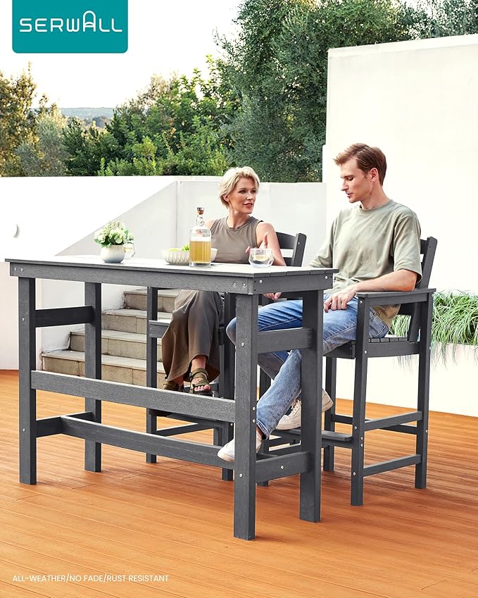 SERWALL Outdoor Bar Table and Chairs Set, Adirondack Bar Chairs Set of 2 and Bar Height Table, All Weather HDPE Patio Bar Set, Outdoor Furniture for Outside, Grey