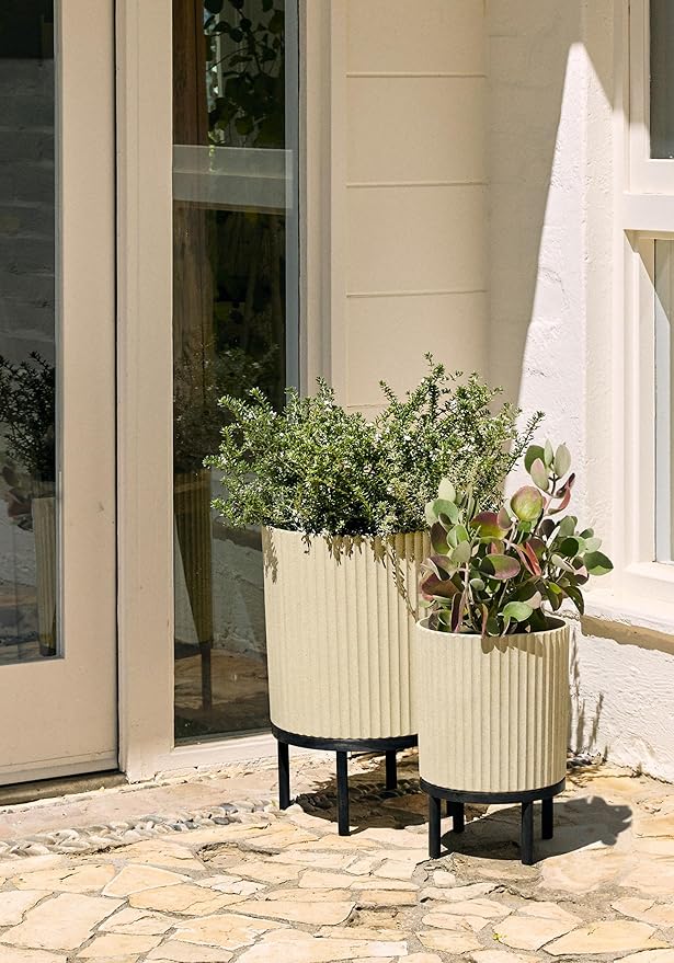 Veradek Demi Series Round Planter w/Stand for Porch/Patio | Durable Plastic-Stone Composite & Wooden Stand | Modern Décor for Tall Plants, Flowers