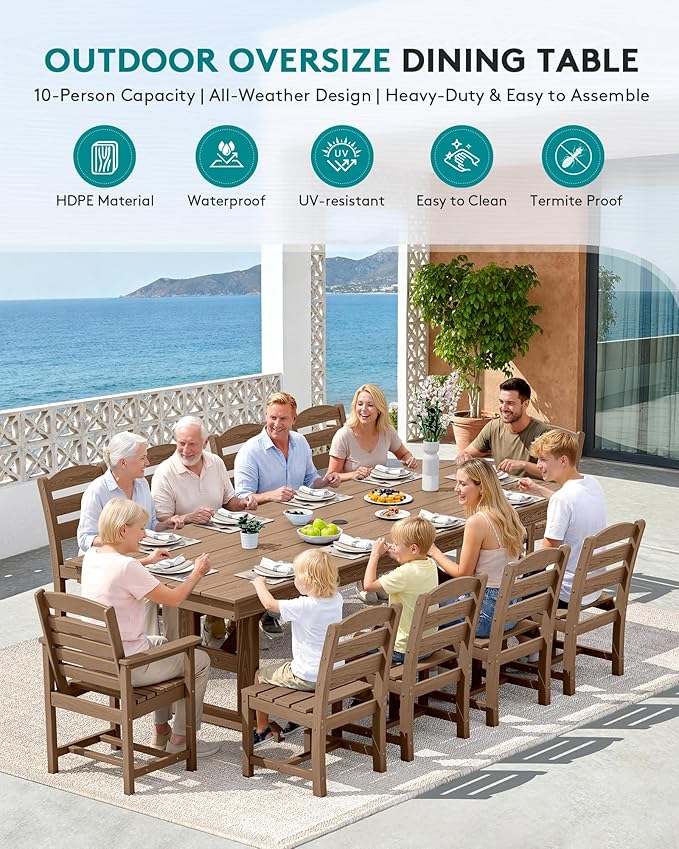 SERWALL 11 Piece Outdoor Dining Set, 84" HDPE Outdoor Table and Chairs for 10，All Weather Patio Furniture Set with Umbrella Hole for Backyard, Garden, Brown
