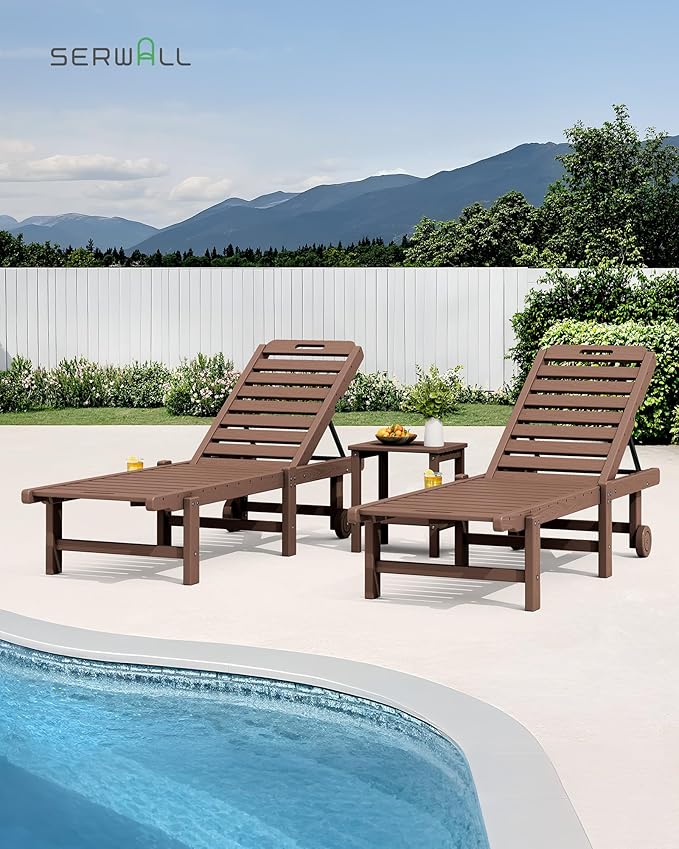 SERWALL Outdoor Chaise Lounge Set of 8, HDPE Pool Lounge Chairs with 5-Position Adjustable Backrest, Patio Loungers with Rolling Wheels & Cup Holder for Pool Sunbathing, Brown
