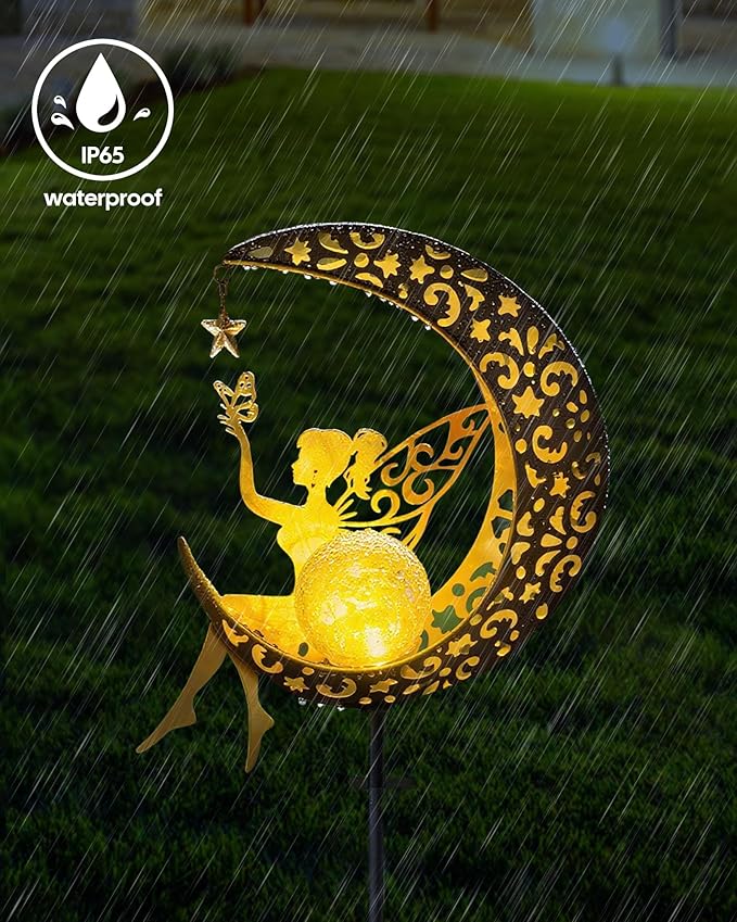 Solar Garden Statues Outdoor Decor, Fairy Moon Figurine Light Stake, Housewarming Ornament for Patio, Lawn, Yard, Pathway - Unique Gift Ideas for Gardening Mom Grandma