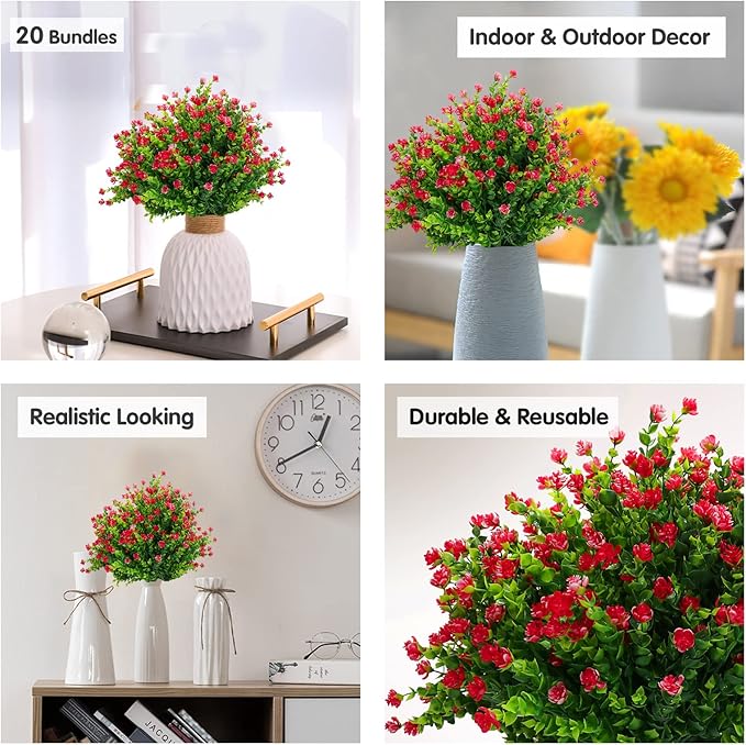 20 Bundles Artificial Flowers Outdoor Fake Flowers, UV Resistant No Fade Faux Plastic Greenery Shrubs Plants for Hanging Garden Porch Window Box Outside Decoration,Home Indoor Decor Red