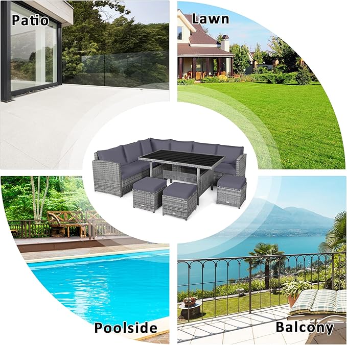 Tangkula 7 Pieces Patio Furniture Set, Outdoor Sectional Rattan Dining Sofa Set with Cushions, All Weather Wicker Conversation Couch Set with Dining Table & Ottomans for Yard Garden Poolside, Grey