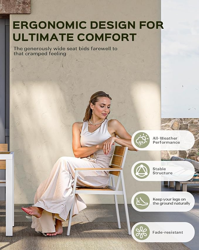 5-Piece Outdoor Dining Set, Aluminum Dining Table Set for 4, Patio Table and Chairs Set with Umbrella Hole, All Weather HDPS Outdoor Table and Chairs for 4 (White-Teak)