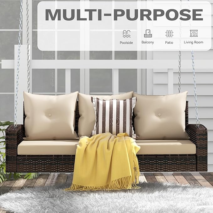 DWVO 3 Seats Porch Swing Hanging Bench Swing Outdoor Wicker Patio Swing Lounge Front Rattan 794lbs for Garden, Balcony, Brown&Beige