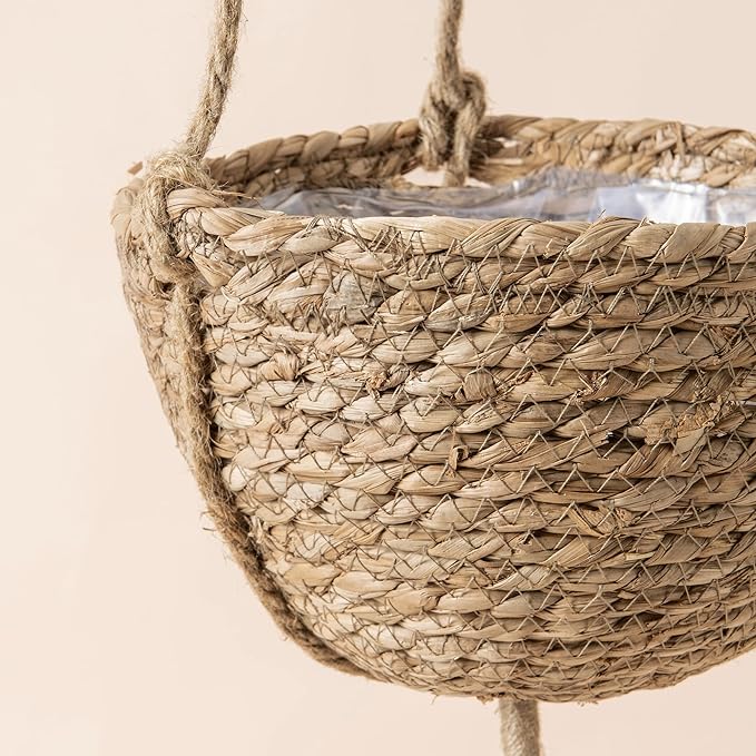 LA JOLIE MUSE Natural Seagrass Hanging Planter Basket Set,Indoor Plant Pots, Boho Decor Plant Pot Cover, 9 (D)*5.5(H) Inch, Pack 2
