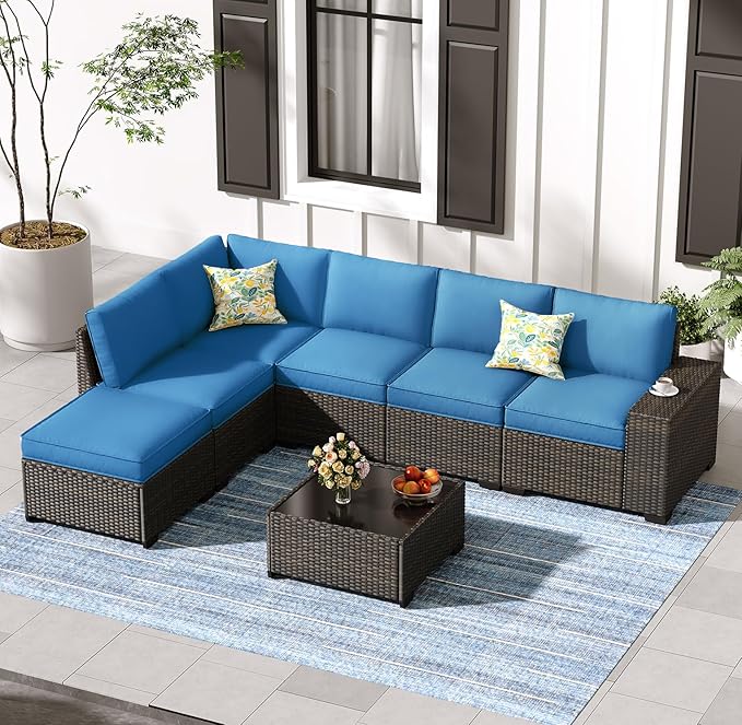 Jing's Villa 7-Piece Patio Furniture Set, All-Weather Outdoor Wicker Sectional Sofa with Cushions, Tempered Glass Table & Ottoman, Rattan Conversation Seating for Porch, Garden, Backyard,Peacock Blue