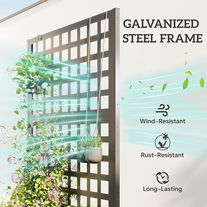 Outsunny Galvanized Raised Garden Bed with Trellis, Metal Planter Box with Drainage Holes, Outdoor Privacy Screen for Climbing Plants, Vegetable, Vines, 35" x 16" x 70", Gray Wood Effect
