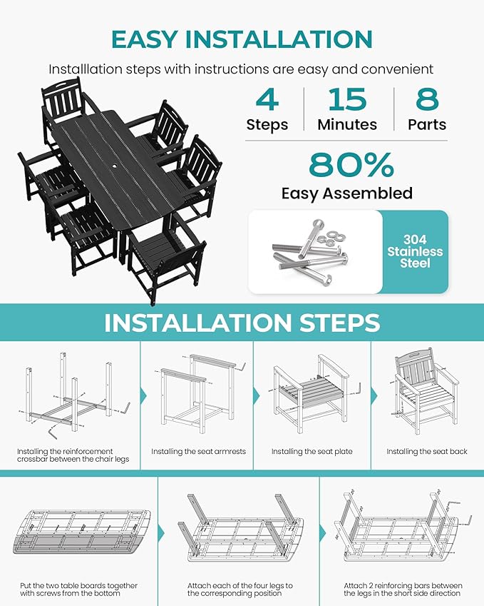 Outdoor Rectangle Dining Table, Heavy-Duty HDPE Table for 6, Weatherproof Patio Table with Umbrella Hole, Rounded Corners for Safety, Black