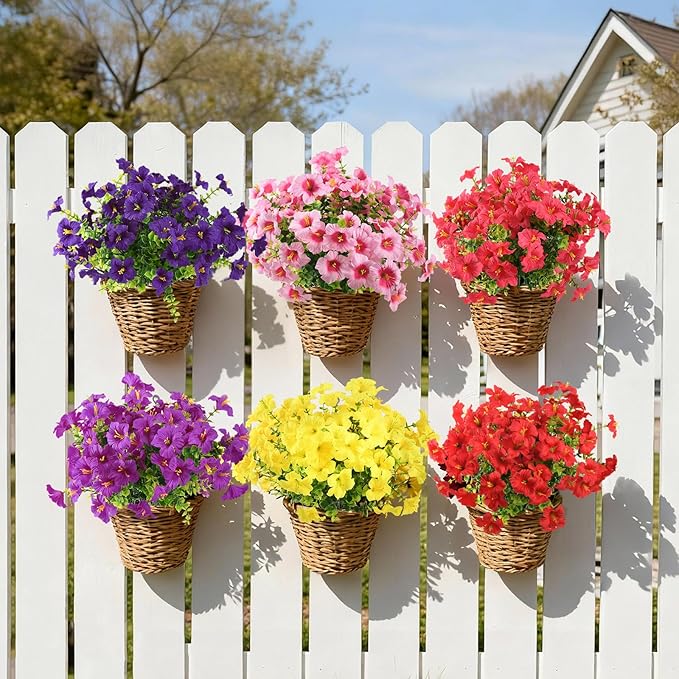 INQCMY Artificial Fake Petunias Flowers for Outdoors Spring Decoration, 12 Bundles Faux Plants Outdoor UV Resistant Realistic Silk Flower for Outside Planters Patio Porch Yard Window Box
