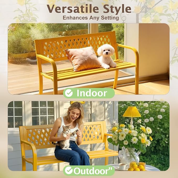 VINGLI 47'' Outdoor Bench, Weather Resistant Garden Patio Bench Powder Coated Iron Frame w/PVC Mesh Backrest Slatted Seat, 2-Person Outdoor Furniture for Front Porch Entryway Park (Yellow)