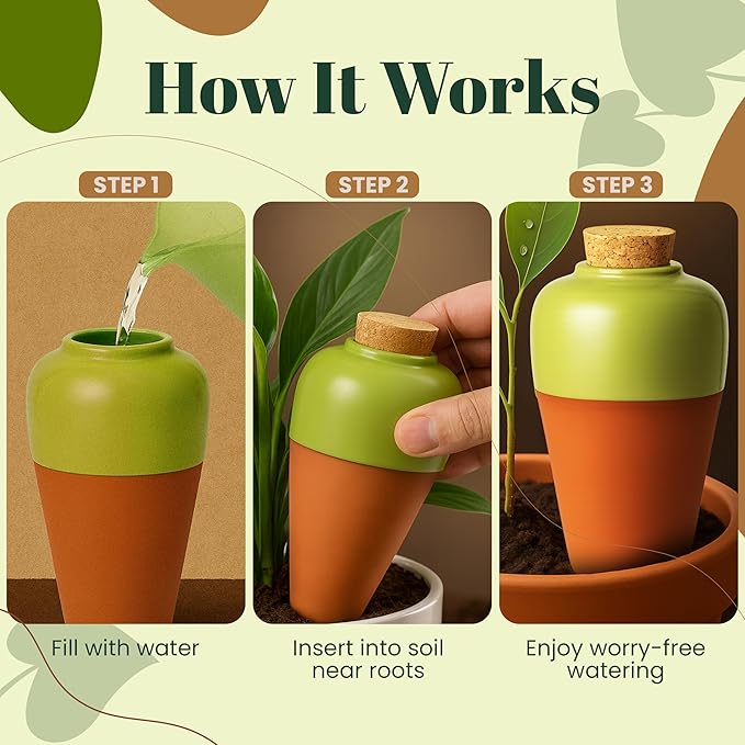 Terracotta Self Watering Planter Insert - Set of 4 Clay Ollas with Slim Bottom for Easy Soil Insertion, Glazed Top, Slow-Release Plant Watering System for Indoor & Outdoor Plants