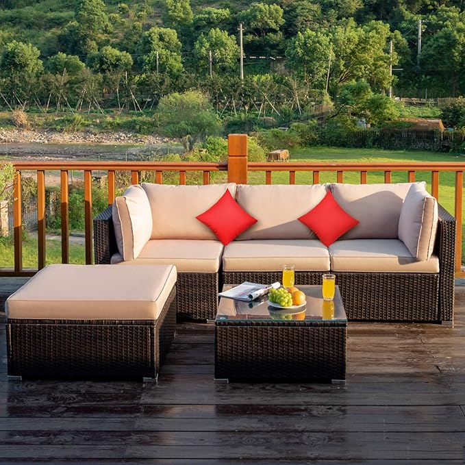 Tangkula 5 Pieces Patio Rattan Furniture Set, Outdoor Sectional Rattan Sofa Set with Back & Seat Cushions, Wicker Conversation Set with Tempered Glass Table for Backyard Porch Poolside (Brown)