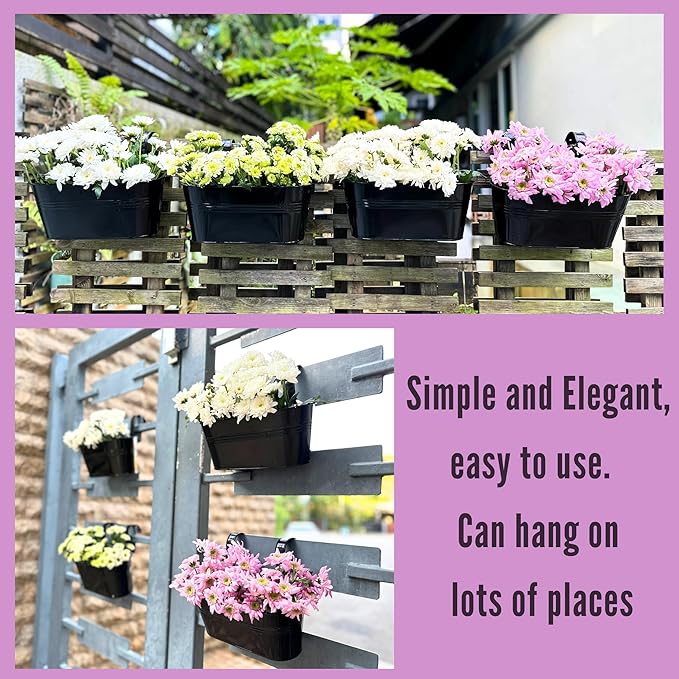 LaLaGreen Rail Planter Outdoor Plants(11.8 Inch, 12 Pack) Black Metal Iron Hanging Flower Pots Deck Railings Fence Buckets Modern Countryside Boho Style Wall Mount Window Box Plant Holder Porch Decor