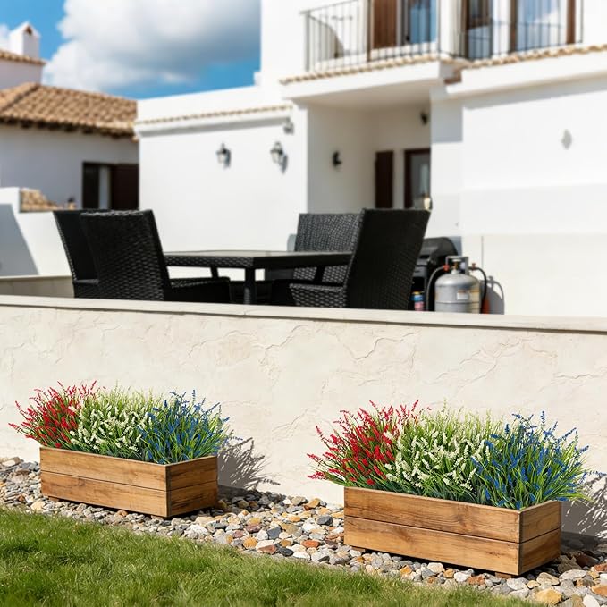 Artificial Faux Plants for Outdoor Spring Decoration, 12 Pcs Fake Monkey Grass for Garden Porch Balcony Planters, Fake Flowers Shrubs UV Resistant No Fade Plants Greenery Bush (Red Blue White)