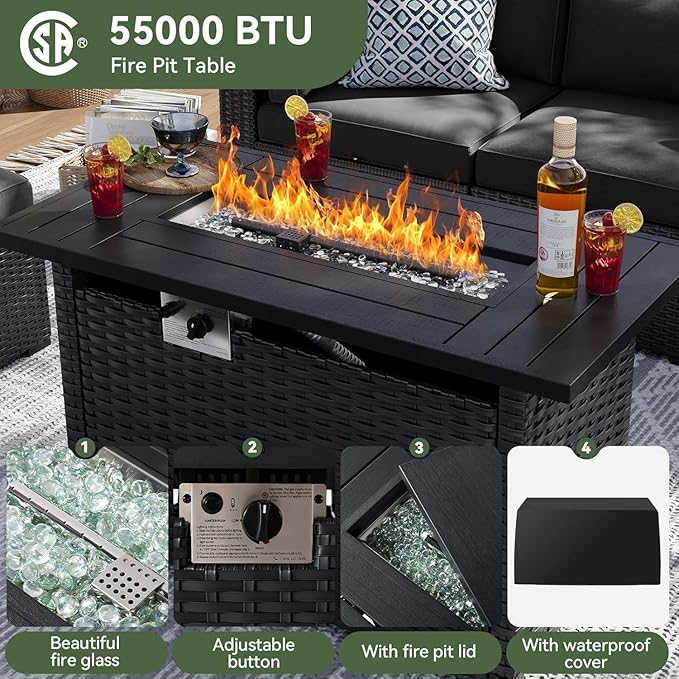 Aoxun 8 Piece Patio Furniture Set with 44” Fire Pit Table, Wicker Rattan Patio Sectional Sofa, Outdoor Furniture Set with Thickened Cushion, Black