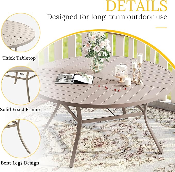 VICLLAX Round Patio Table with Adjustable Umbrella Hole for 6, All Weather Metal Outdoor Dining Table for Lawn Garden, 50" Outdoor Coffee Table, Cream Color Frame