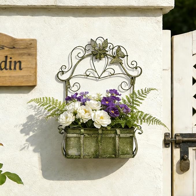 Rustic Metal Wall Planter Vintage Wall Mounted Flower Pot Farmhouse Distressed Wall Hanging Plant Basket with Floral & Butterfly Decor for Indoor Outdoor Garden Home Yard (Green#2)