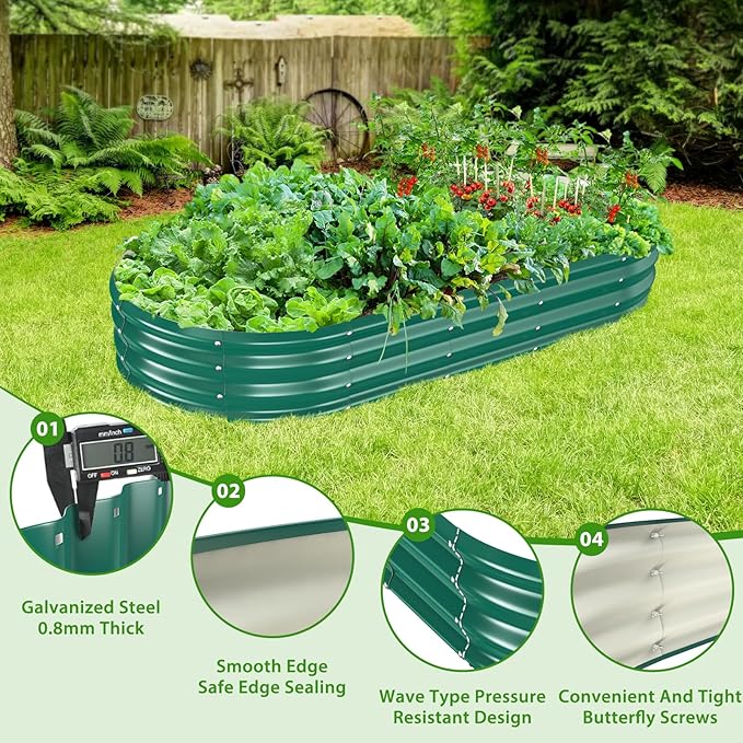 Oval Galvanized Planter Box, Metal Raised Garden Bed - 0.8MM Thick- Ideal for Outdoor Gardening and Planting of Vegetables Flowers Fruits Succulent Plants and Others (Green, 6X3X1 FT)