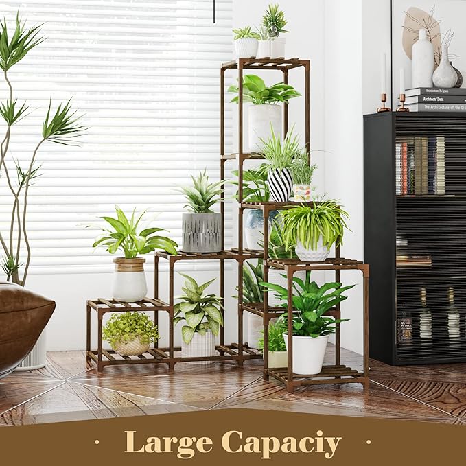 Bamworld Plant Stand Indoor Corner Plant Shelf Wood Plant Holder 13 Pots for Multiple Plants Home Decor for Gardening Gifts