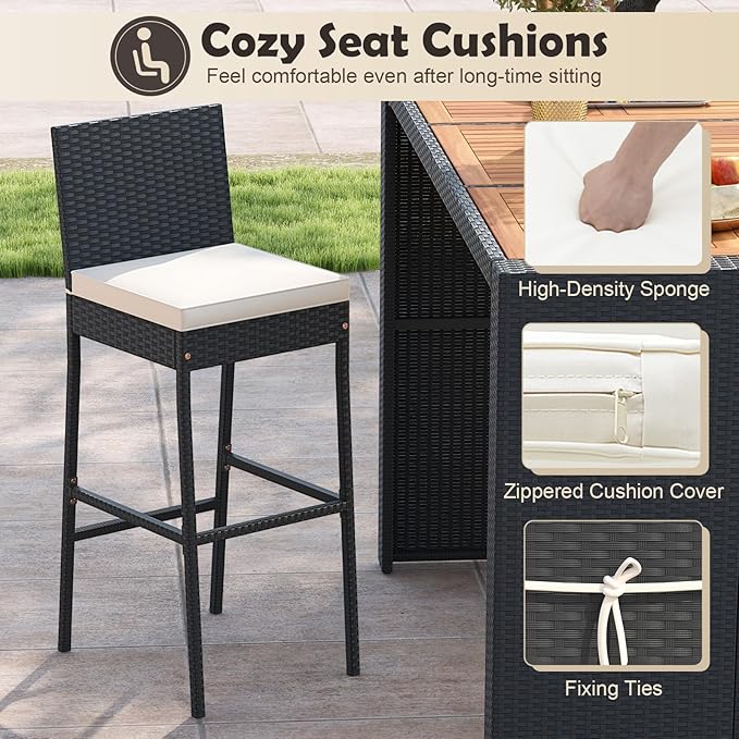 Tangkula 7 Piece Patio Wicker Bar Set, Patiojoy Outdoor Acacia Wood Bar Height Table & 6 Rattan Bar Stool Chairs with Backrest and Footrest, for Bistro Garden Balcony