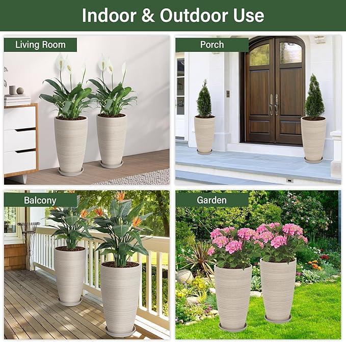 Set of 2 Tall Planter, 21 inch Large Plastic Planter with Drain Hole & Saucers, Large Outdoor Planters for Porch, Garden, Patio, Balcony(Oat Color)